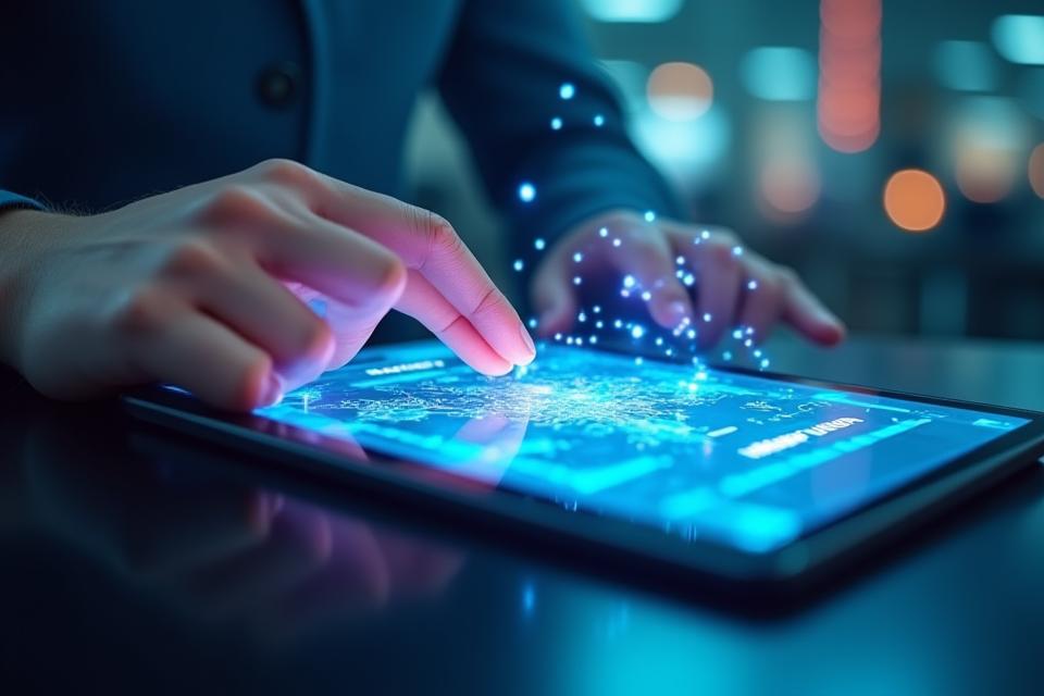 A close-up image of a person typing a tracking number into a secure, lit-up interface on a tablet, symbolizing real-time parcel tracking with speed and efficiency.